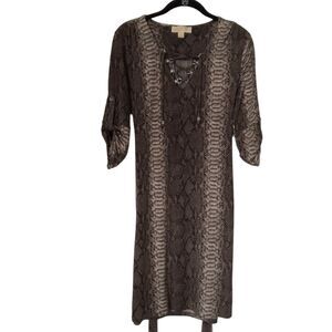 Michael Kors Dress Size S Brown Animal Snakeskin Caged V-neck Roll Tab Sleeve
